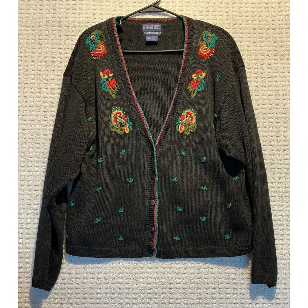 Herman Geist Vintage Cardigan Sweater Hand Embroidered Black Floral Women's Sz L